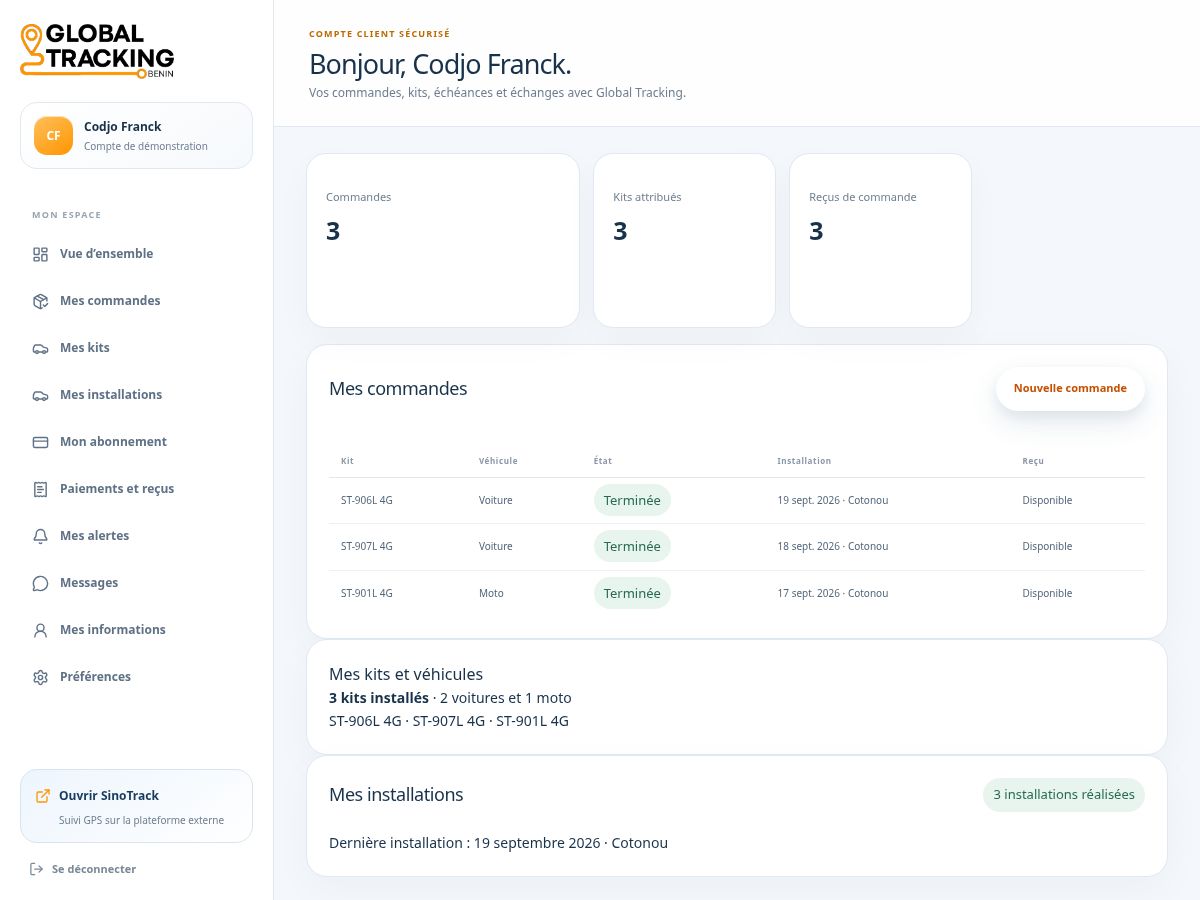 Compte de démonstration de Codjo Franck : trois kits installés, deux voitures et une moto, dans l’espace client Global Tracking.